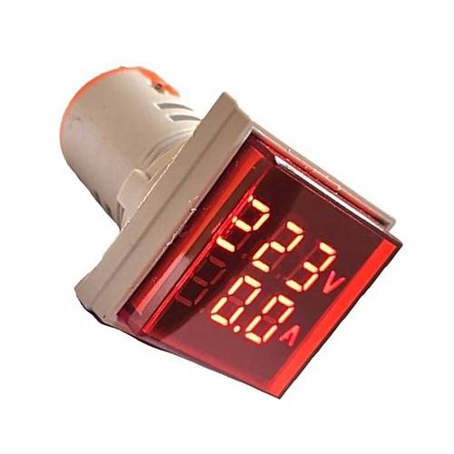 AD22-22VAS 22mm Dijital Volt-Ampermetre Kare Krmz