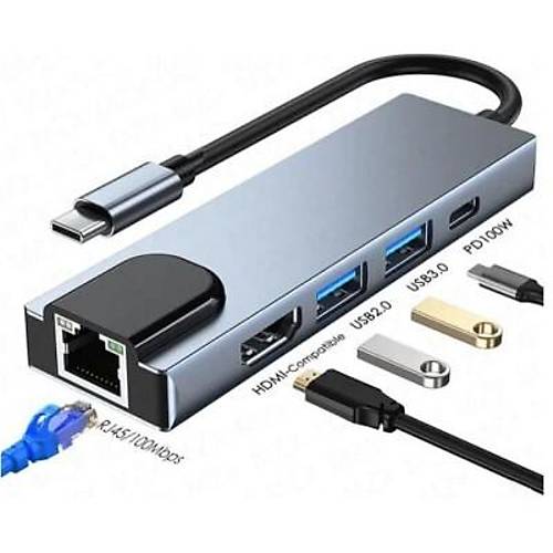 Type-C Hub 5in1 2 Port USB 3.0 + 100Mpbs Ethernet + HDMI + Type-C evirici