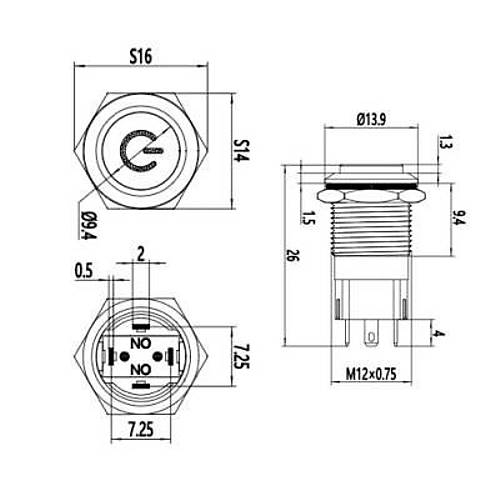12A-G1-C 12mm kk Yayl Ikl Power Metal Buton - Mavi