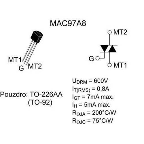 MAC97A8 - TO92 0.6A 600V Triyak