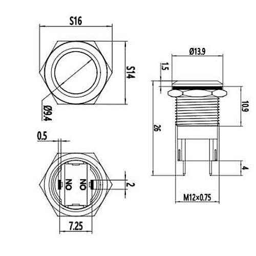 12A-P1Z 12mm Dz Anahtarl Metal Buton