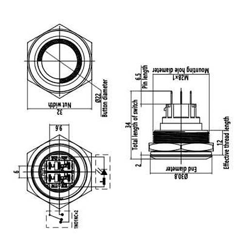28B-G1Z-E 28mm kk Anahtarl Ikl Metal Buton - Yeil