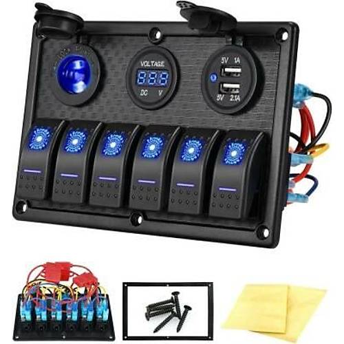 6'l ON-OFF Ikl Anahtar Switch Panel 2x5V USB akmaklk ve Voltaj Gstergeli
