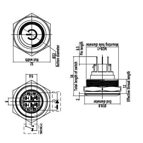 28B-P1Z-EC 28mm Dz Anahtarl Ikl Power Metal Buton - Krmz