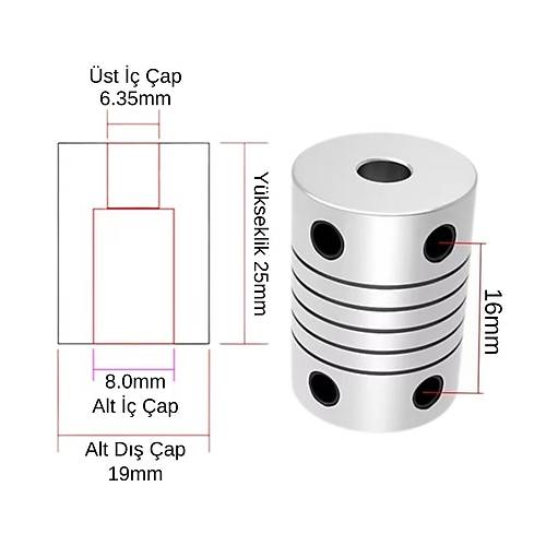 6.35x8mm Esnek Kaplin Alminyum 3D Yazc CNC Uyumlu
