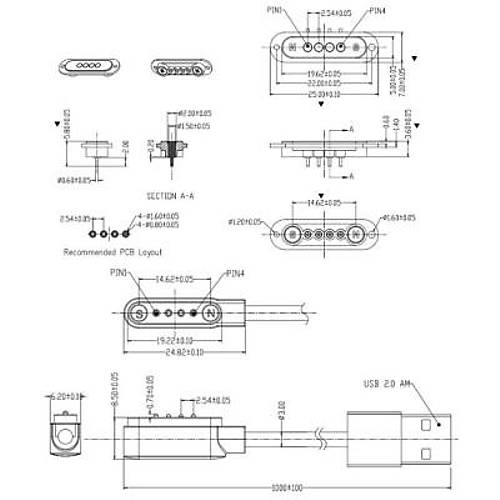 4-Pin 2.54mm Kablolu Pogo Pin Manyetik Konnektr Takm - USB Soketli