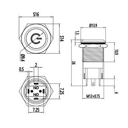 12A-P1Z-C 12mm Dz Anahtarl Ikl Power Metal Buton - Yeil