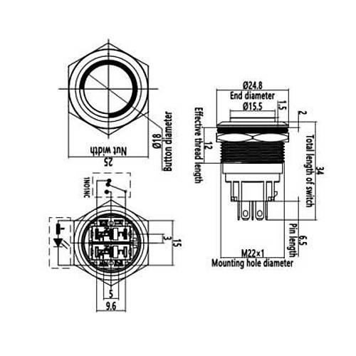 22B-G1-E 22mm kk Yayl Ikl Metal Buton - Sar