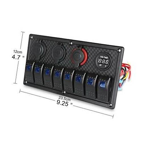 8'li ON-OFF Mavi Işıklı Anahtar Panel 2x5V USB 2xÇakmaklık ve Voltaj Göstergeli