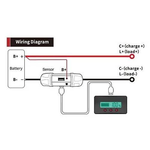 PZEM-033 8-120V Pil Voltaj Kapasite Gstergesi + 50A nt + 1m USB Kablo