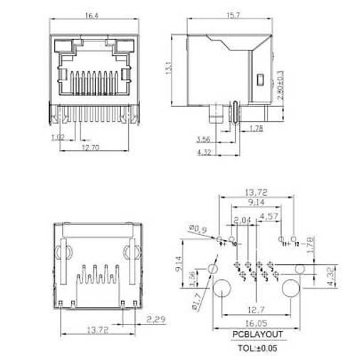 RJ45 8P8C Işıklı Dişi Ethernet Konnektörü - PCB Tipi