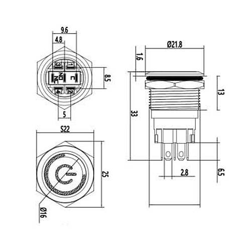 19A-P1-EC 19mm Dz Yayl Ikl Power Metal Buton - Mavi