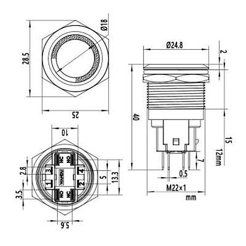 22E-P1-E 22mm Dz Yayl Ikl Metal Buton - Krmz