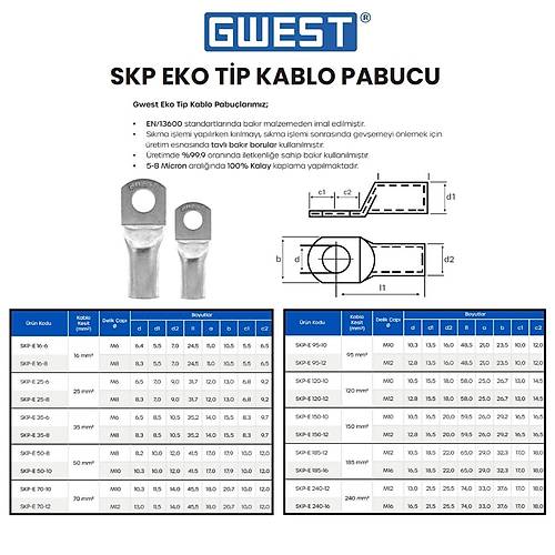 Gwest Ekonomik Tip Skmal Kablo Pabucu SKP-E 185-12 30 Adet
