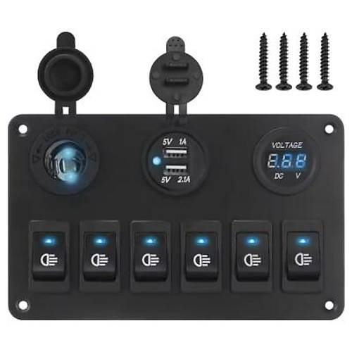 6'l ON-OFF Mavi Ikl Anahtar Switch Panel 2x5V USB akmaklk ve Voltaj Gstergeli