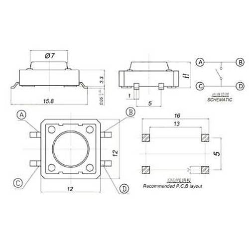 12x12x12.5mm 4 Pinli SMD Siyah Push Buton - Tact Switch