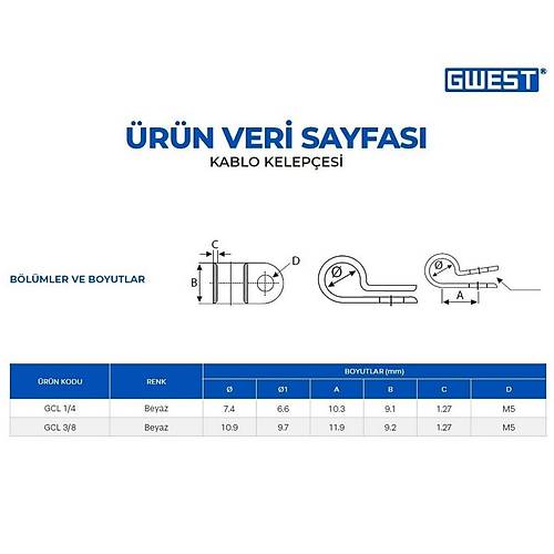 Gwest GCL1/4 6mm Kablo Kelepesi Beyaz 100 Adet