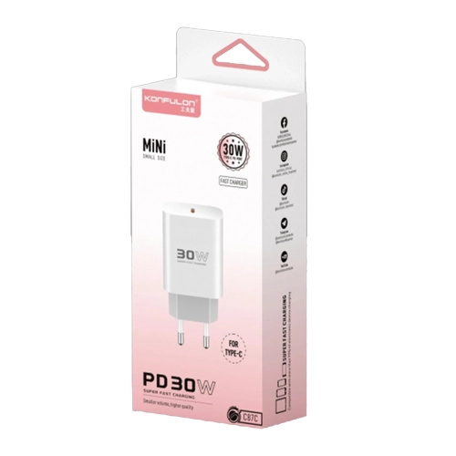 Konfulon C87C 30W Type-C kl Ekstra DL51 1M Type-C to Type-C Kablolu PD arj Cihaz - Beyaz