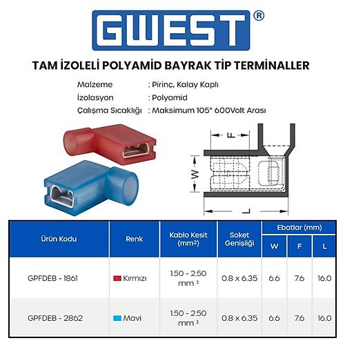 Gwest zoleli Polyamid Bayrak Tip Terminal GPFDEB-2862 1.5-2.5mm 100 Adet