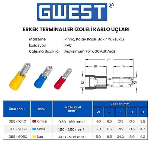 Gwest Erkek Terminal zoleli Kablo Ucu GBE-5050 4.00-6.00mm Sar 200 Adet