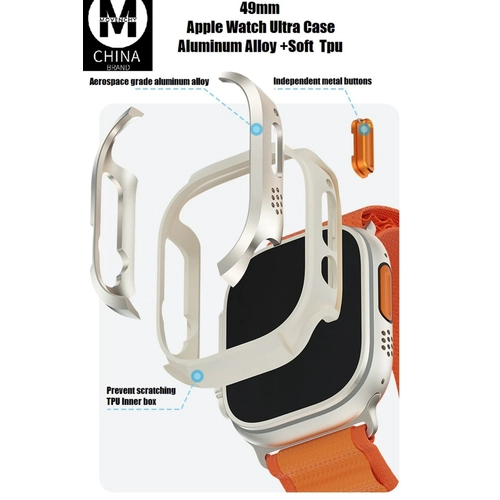 Movenchy Apple Watch Ultra 49mm MO-WT3 Alminyum Caml Kasa Ekran Koruyucu - Gold