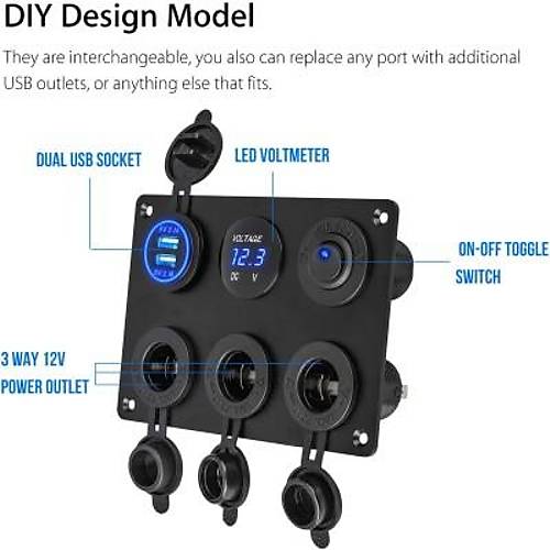 3'l Dii akmaklk Soketi 2x5V USB Voltaj Gstergeli ve Mavi Nokta Ikl Anahtar Switch Panel
