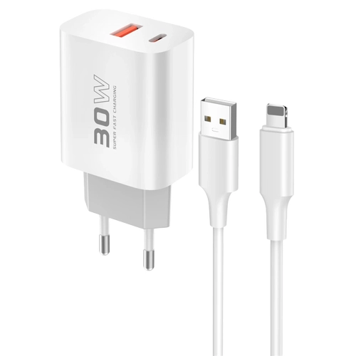Konfulon C89Q 1 Adet 30W Type-C ve 1 Adet 22.5W USB kl Ekstra DL48 1M USB to Lightning Kablolu PD arj Cihaz - Beyaz