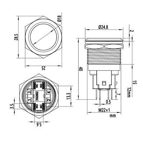 22E-P1 22mm Dz Yayl Metal Buton