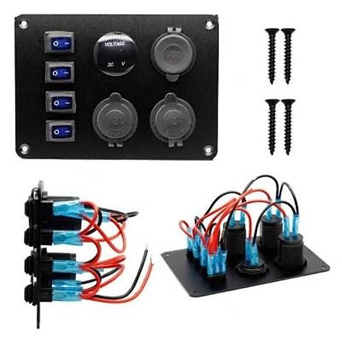 4'l ON-OFF Mavi Su Geirmez Ikl Switch Panel 2x5V USB 2xDii akmaklk ve Voltaj Gstergeli