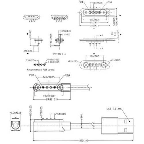 4-Pin 2.54mm 90C Kablolu Pogo Pin Manyetik Konnektr Takm - USB Soketli