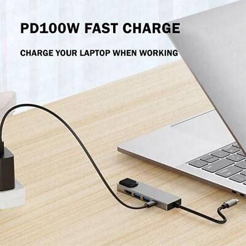 Type-C Hub 5in1 2 Port USB 3.0 + 100Mpbs Ethernet + HDMI + Type-C evirici