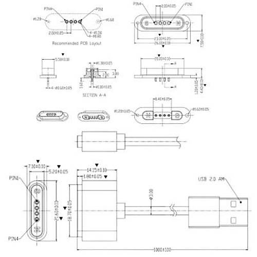 4-Pin 2mm Kablolu Pogo Pin Manyetik Konnektr Takm - USB Soketli