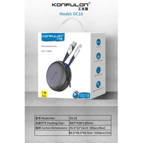 Konfulon DC18 Type-C Kablo 1M 5A - Krmz