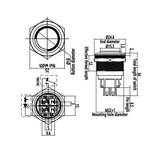 22B-G1-E 22mm kk Yayl Ikl Metal Buton - Mavi