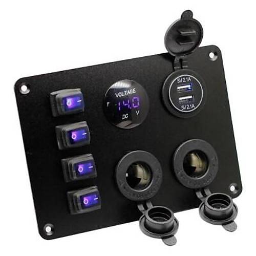 4'l ON-OFF Mavi Su Geirmez Ikl Switch Panel 2x5V USB 2xDii akmaklk ve Voltaj Gstergeli