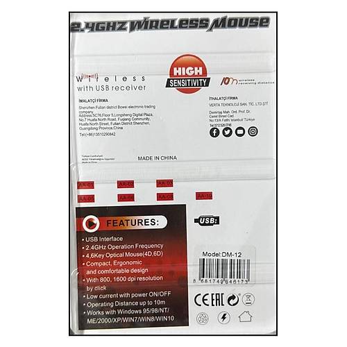 2.4GHz USB Alcl Wireless Mouse Kablosuz Bilgisayar Faresi Siyah DM-12