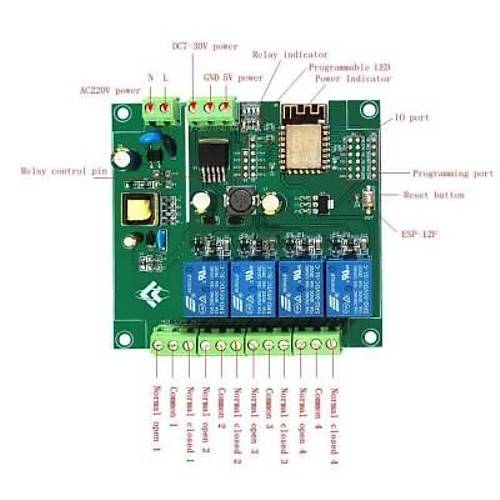 ESP8266 ESP-12F AC 90-250v / DC 7-30V 4 Kanal Wifi Rle Modl