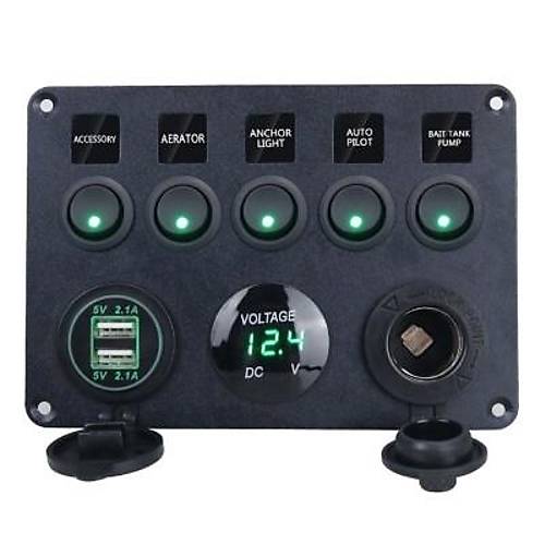 5'li ON-OFF Yeil Nokta Ikl Anahtar Switch Panel 2x5V USB akmaklk ve Voltaj Gstergeli