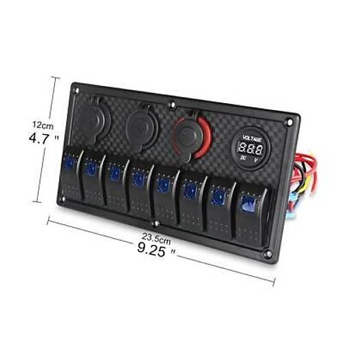 8'li ON-OFF Kırmızı Işıklı Anahtar Panel 2x5V USB 2xÇakmaklık ve Voltaj Göstergeli