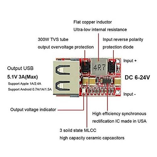 6-24V Giri - 5V 3A k DC-DC USB Gerilim Azaltc Modl %97.5 Verimlilik