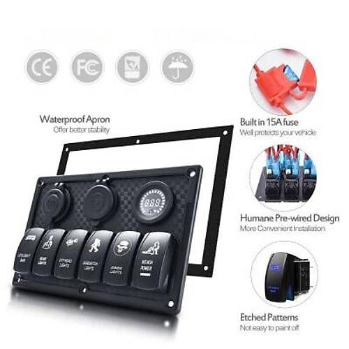 6'l ON-OFF Mavi Ikl Anahtar Switch Panel 2x5V USB akmaklk ve Voltaj Gstergeli