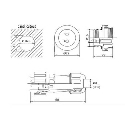 SD16 5 Pin 16mm Su Geirmez Konnektr Takm - Panel Tipi