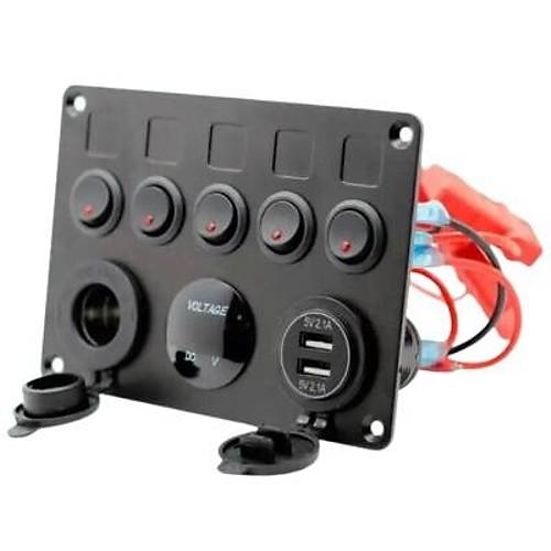 5'li ON-OFF Krmz Nokta Ikl Anahtar Switch Panel 2x5V USB akmaklk ve Voltaj Gstergeli