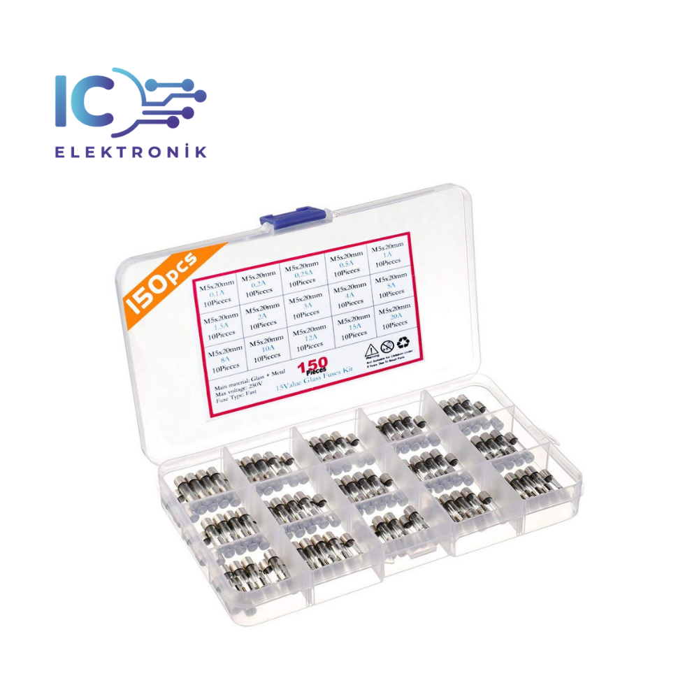 Glass Fuse Set 5x20 mm 150 Pieces 15 Types 250v in transparent box