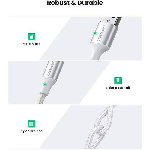 UGREEN TYPE-C TO USB-A 3A QC ÖRGÜLÜ HIZLI ŞARJ KABLOSU 2 MT GÜMÜŞ BEYAZI 60133