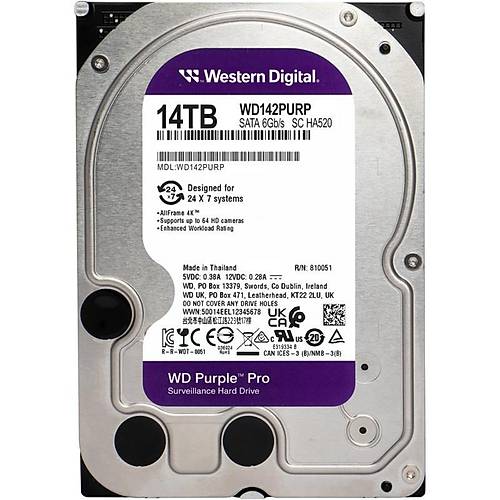 14 TB WD 3.5 PURPLE SATA3 7200RPM 512MB 7/24 GUVENLIK WD142PURP (3 YIL RESMI DIST GARANTILI)