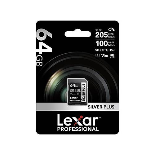 64GB LEXAR LSDSIPL064G-BNNNG PROFESSIONAL SILVER PLUS SDXC UHS-I CARDS UP TO 205MB/S READ 100MB/S WR