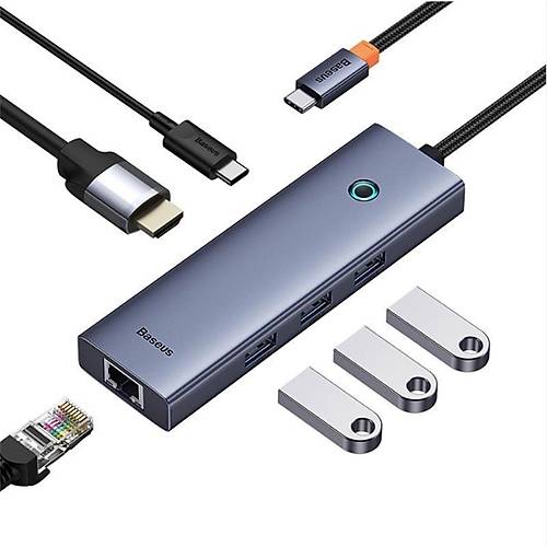 BASEUS ULTRA JOY 6IN1 MULTI GRI TYPE-C HUB GR:TYPE-C IKI:USB X3, TYPE-C X1, HDMI X1,ETH RJ45 X1 B00052807813-00