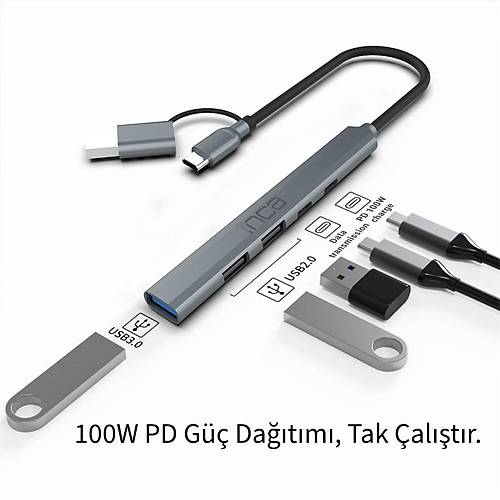 INCA IUTP-06T USB 3.0 TYPE-C 3.1 HUB 1 X USB 3.0 +2 X USB+TYPE-C+PD100W 2.0 ALUMINYUM KASA OKLAYICI