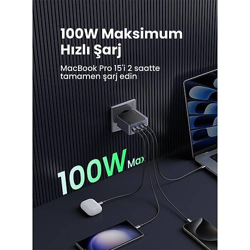 UGREEN NEXODE AIR 100W GAN HIZLI ARJ CHAZI TYPE-C QC PD 3XUSB-C 1XUSB-A GR 35043